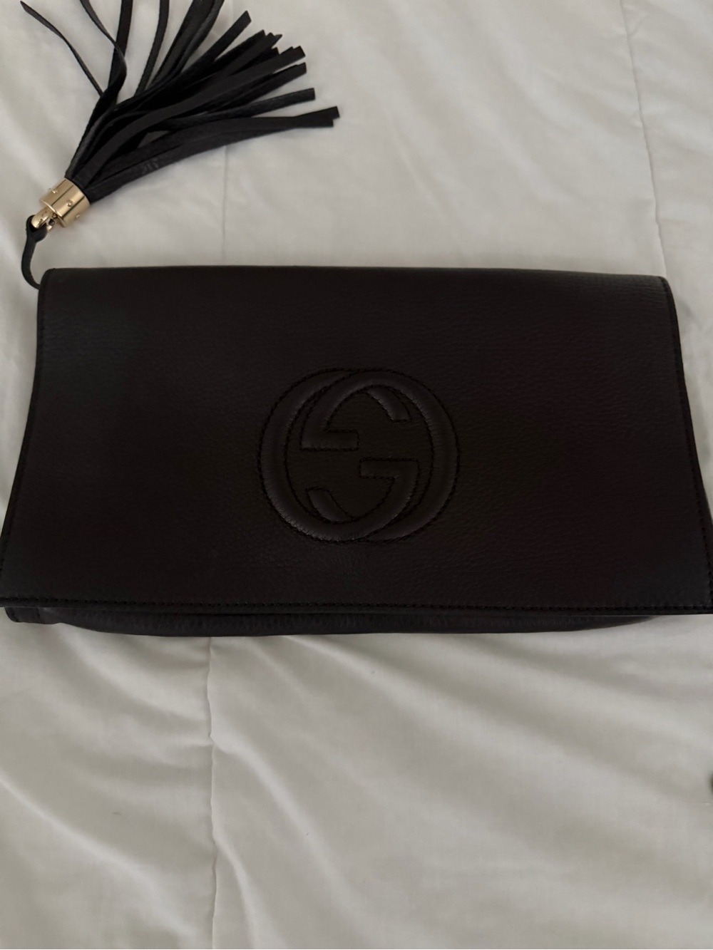Gucci Black Leather Fold-Over Clutch with Tassel